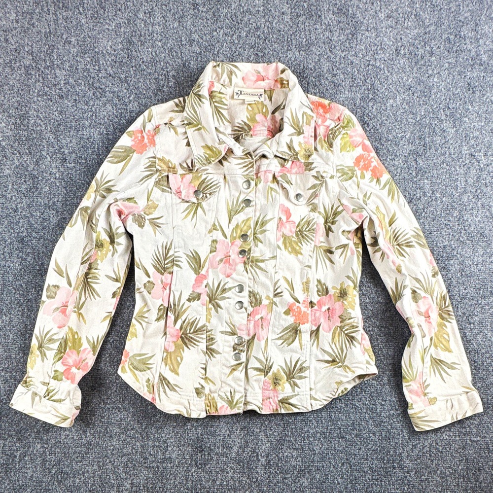 Tanzara Floral Stretch Jacket Womens M Cotton Spandex Cream Pink Hibiscus Palm